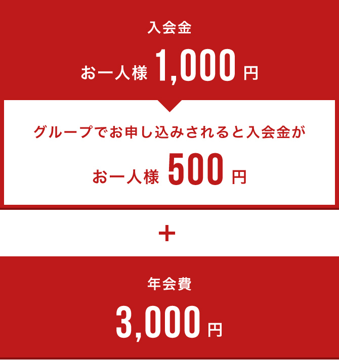 入会金 お一人様1,000円 グループでお申し込みされると入会金がお一人様500円 + 年会費3,000円